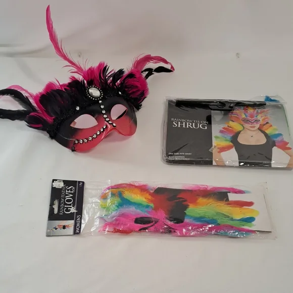 Rainbow Vibrant Feathered Party Mask with Jewel Accents Bundle