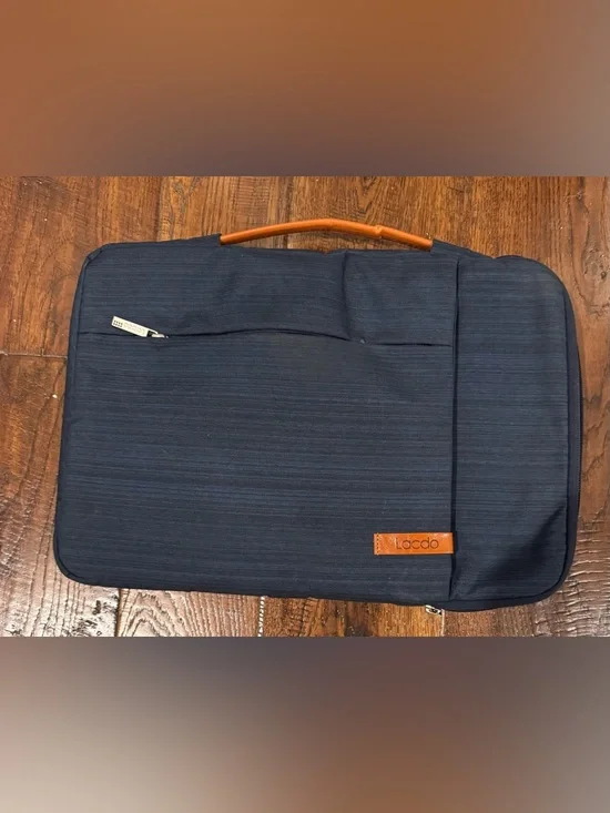 Navy Laptop Briefcase with Tan Handle
