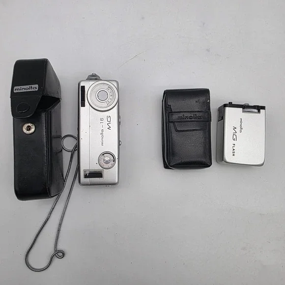 Minolta-16 MG Film Camera and MG Flash Leather Holder Case and‎ Metal Lanyard