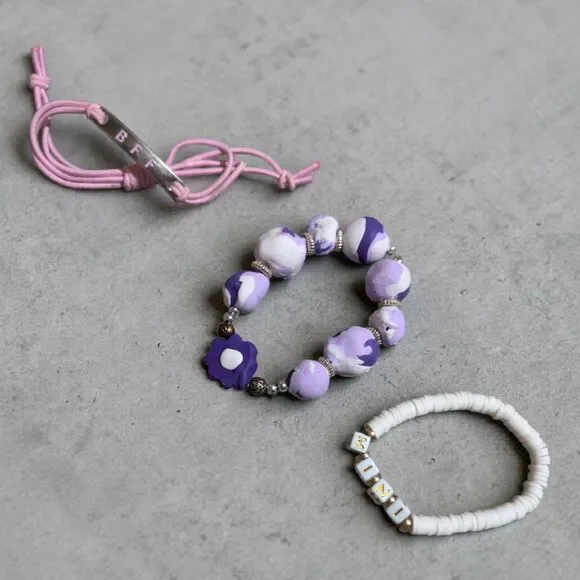 Girls Bracelet Set BFF Mini Purple Beaded Stretch Friendship Bracelets 3pc