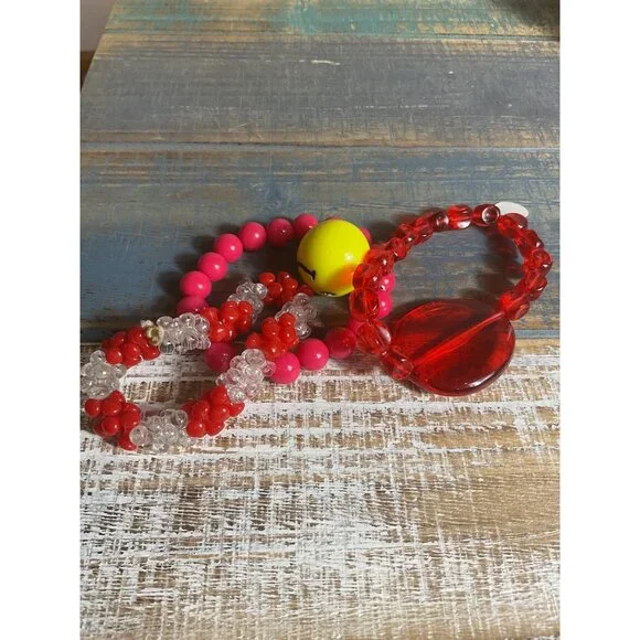 Beaded Bracelets Set Of 3 With Red Lucite Smiley Face & Flower Design