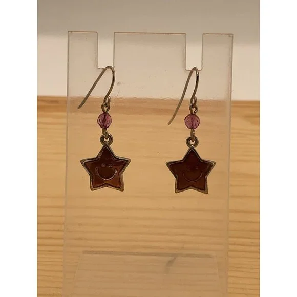 Smiley Star Dangle Earrings With Pink Beads