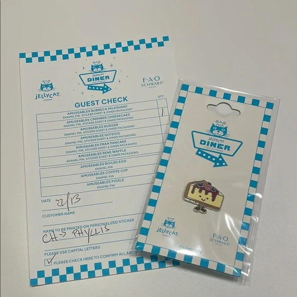 NWT Jellycat Diner x FAO schwarz cheesecake Enamel Pin and guest check