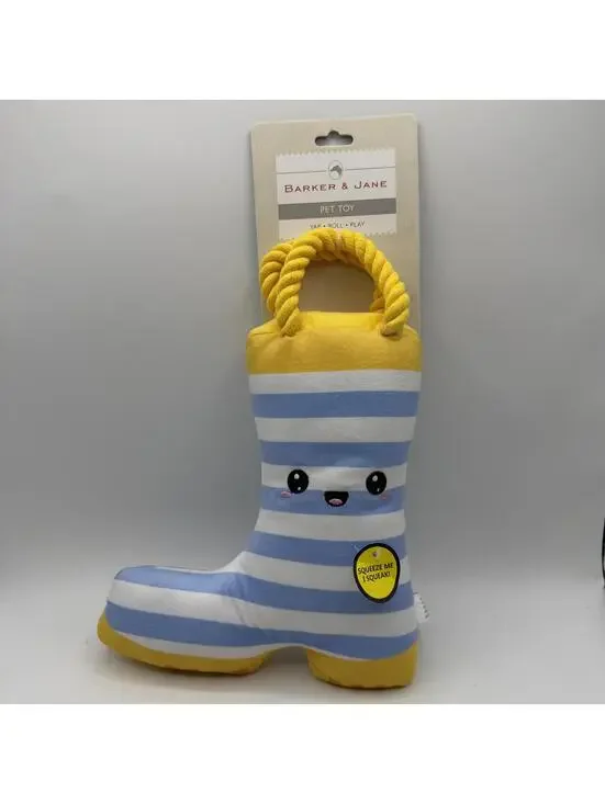 Barker & Jane Blue and White Striped Boot Plush Dog Toy With Squeaker Rope