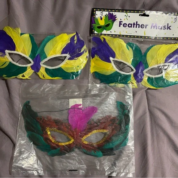 Mardi Gras Style Feather Party Mask - Yellow Green Purple