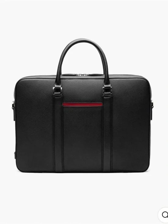 MAVERICK & CO unisex. Black Leather Laptop Briefcase with Red Accent