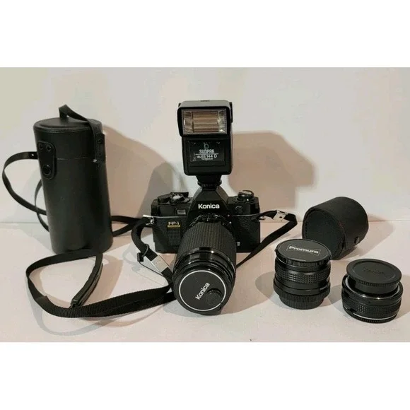 Vintage Konica FP-1 Program‎ Motor Camera Lens Bundle + Case
