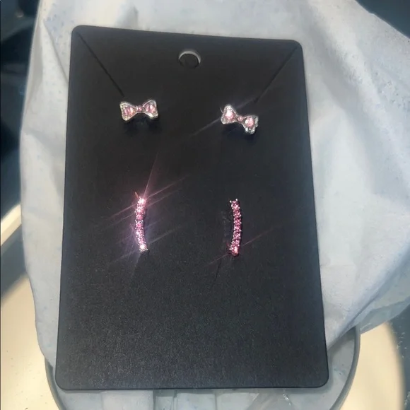 Pink Bow and Bar Earrings Sets- sparkly. 2 small pairs. New