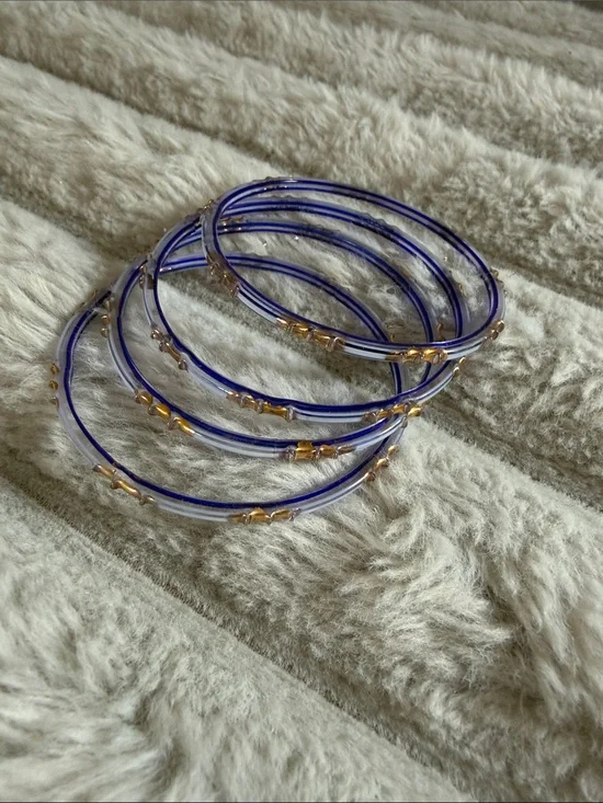 Classic Blue Glass Bangle Set with Gold Accents