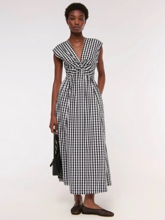 Abercrombie & Fitch Black and White Gingham Twist-Front Maxi Dress