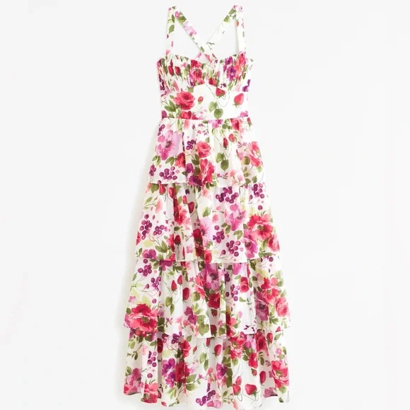 NWT Abercrombie & Fitch Lace-Up Back Tiered Maxi Dress Pink Floral