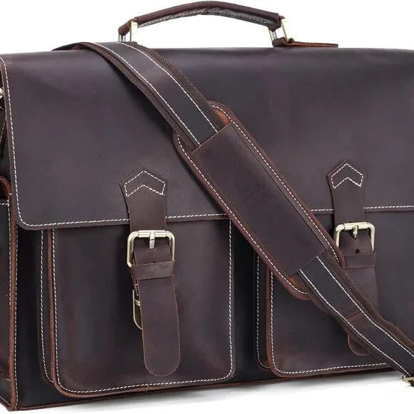 Mens Full Grain Leather Laptop Briefcase Business Messenger Bag Satchel With YKK