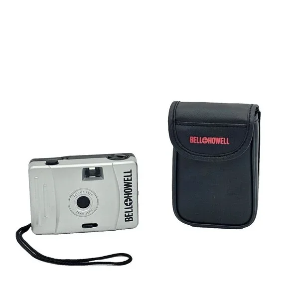 Vtg Bell Howell Point Shoot 35MM Camera Silver Focus Free 28MM Lens Black Case