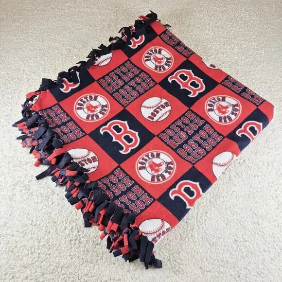 Boston Red Sox Double Fleece Throw Blanket Handmade 48x48 Red Navy Blue Large