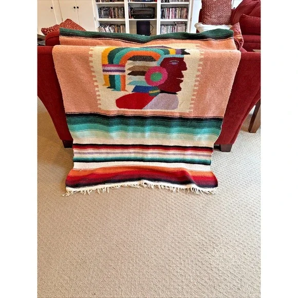 Handmade Woven‎ Aztec Warrior Blanket Fringe Throw Wall Hanging Mexican 75x43