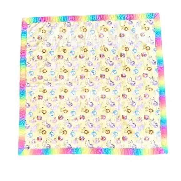 Vintage Handmade Precious Moments Animal Fleece Tie Dye Satin Trim Baby Blanket