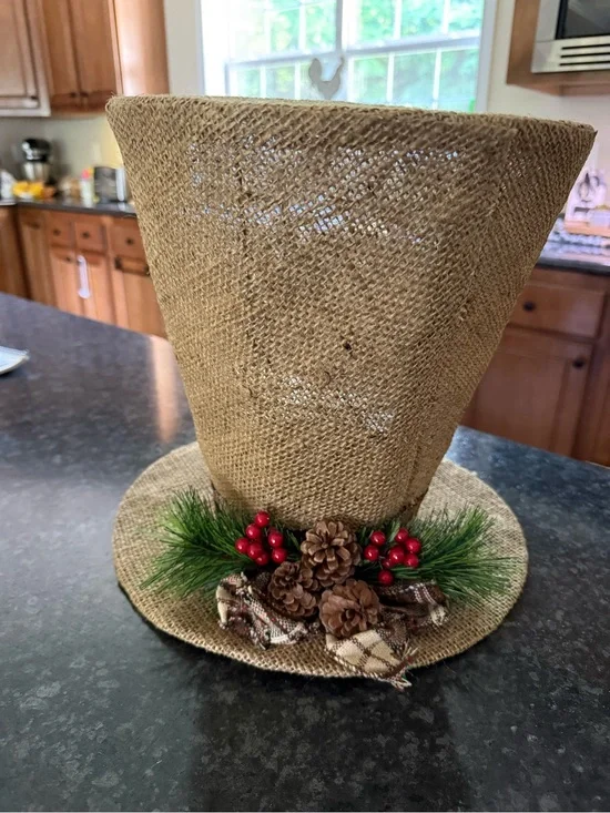 Burlap Holiday Top Hat Decoration with Pinecones & Red Berries