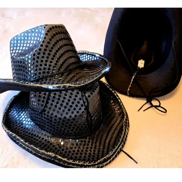 O/S Shiny Sequin Light Up Cowboy Black Hat Set/4