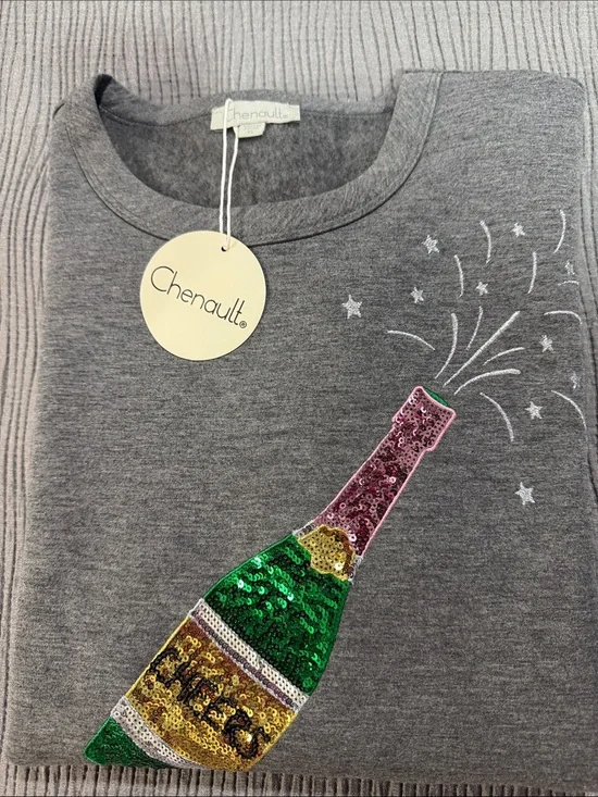 Chenault Gray Sequin Champagne Bottle Sweatshirt super soft