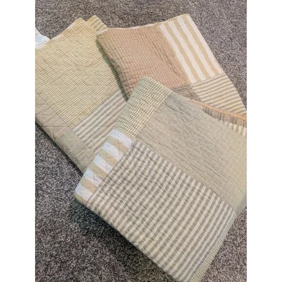 Cozy Line QUEEN Brown Stripe Checker Patchwork Cotton Reversible Quilt Bed Set