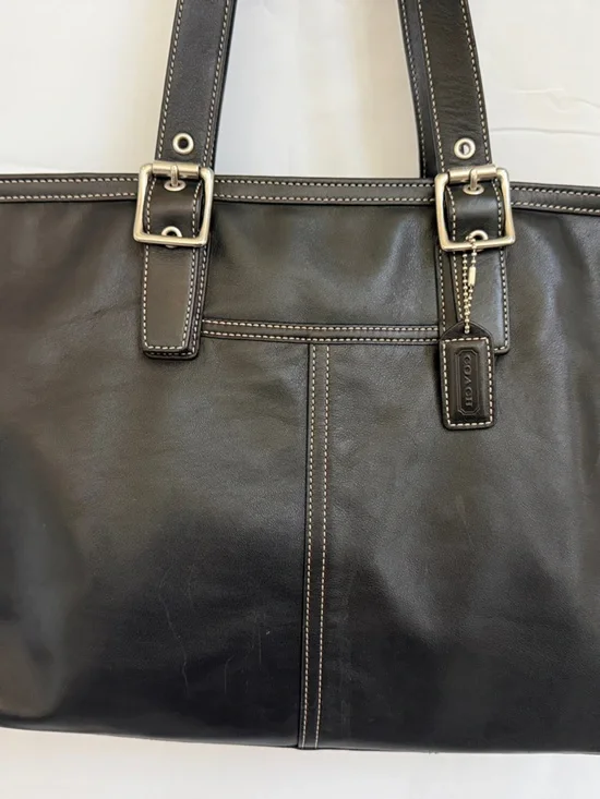 Coach Black Leather Laptop Tote with Buckle Straps