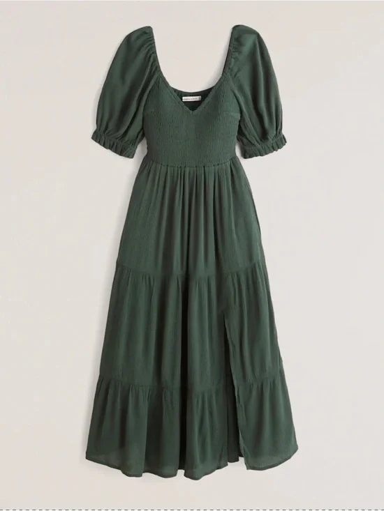 Abercrombie & Fitch Smocked Green Puff Sleeve Maxi Dress
