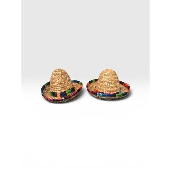 Set of 2 Mini Straw Sombrero Hats with Colorful Serape Trim 5.5 Inch Fiesta