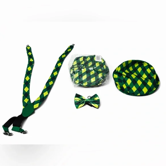 Spritz Green and Yellow Plaid Party Accessory Set - Hats , Bow Tie & Suspenders