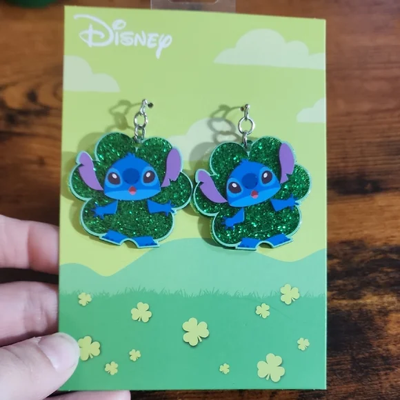 Disney Blue Stitch Glitter Green Clover Dangle Earrings
