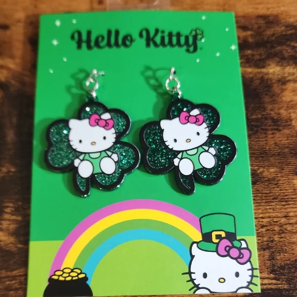 Hello Kitty Pink & Green Shamrock Dangle Earrings
