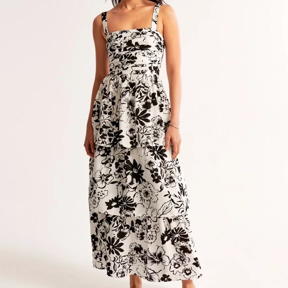 Abercrombie & Fitch black + white floral Emerson tiered maxi dress