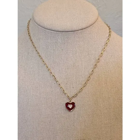 Delicate Gold Tone Chain Red Enamel Heart Pendant Necklace