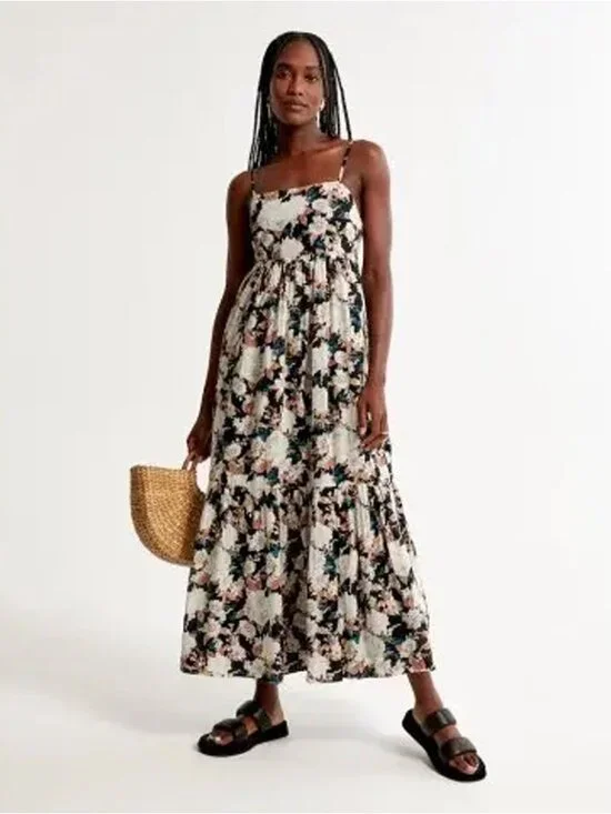 Abercrombie & Fitch Black Floral Tiered Smocked Maxi Dress Size M