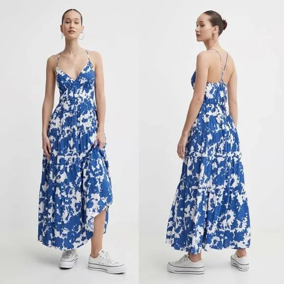 NWT ($120) Abercrombie & Fitch Blue Flowy Tiered Maxi Dress Size S