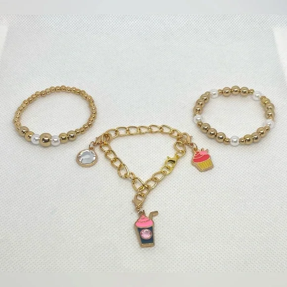 Girls Set Of Gold & Pearl Stretch Bracelets and Charm Bracelet