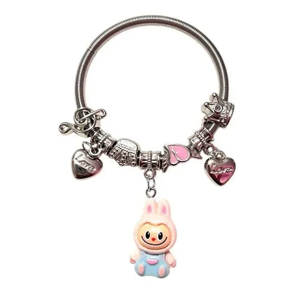 🤯5/$25🤯 Stretchy Pink Labubu Love Heart Crown Note Silver Child’s Charm Bracelet