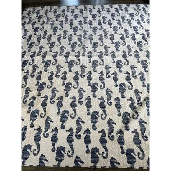 Seahorse Comforter Reversible Quilt Blue Size Full Nautical Coastal Cottage