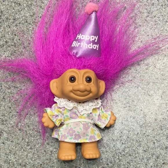 Russ Troll Doll with Pink Hair and Purple Birthday Hat
