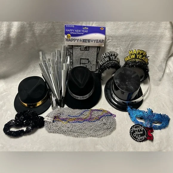 New Years Eve party kit 9 hats 31 necklaces banner mask 12 tiaras 30 horns