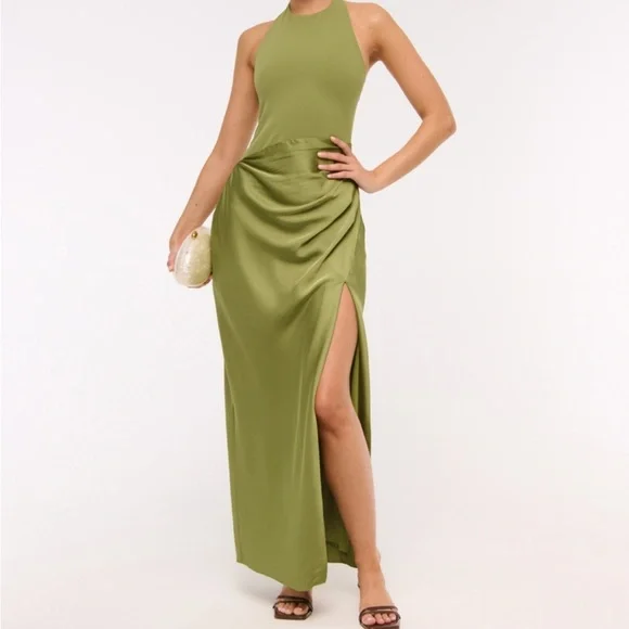 Abercrombie & Fitch Olive Green mixed fabric halter maxi dress