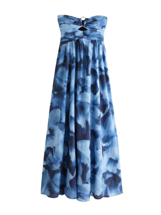Abercrombie & Fitch Blue Watercolor Strapless Ring-Detail Maxi