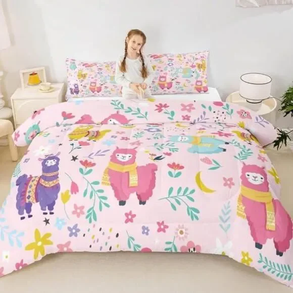 🦙 NEW Pink Llama Twin Comforter Set – Cute Kids/Tween Bedding 🦙
