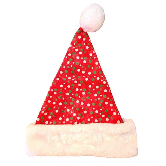 NWOT Red Polka Dot Unisex‎ Santa Hat Plush Trim White Pom Pom Christmas Holiday