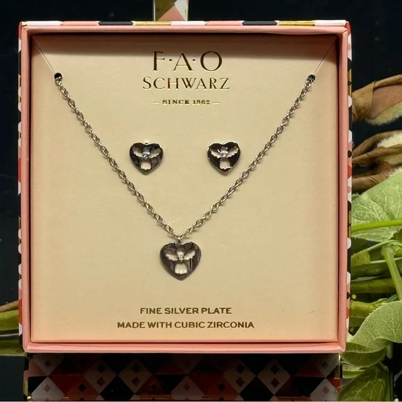 FAO Schwarz Fine Silver Plate Angel Earring Necklace Set