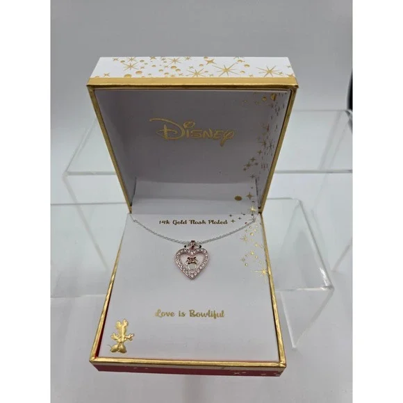 Disney Minnie Mouse 14k Gold Flash Plated Heart Crystal Necklace NEW