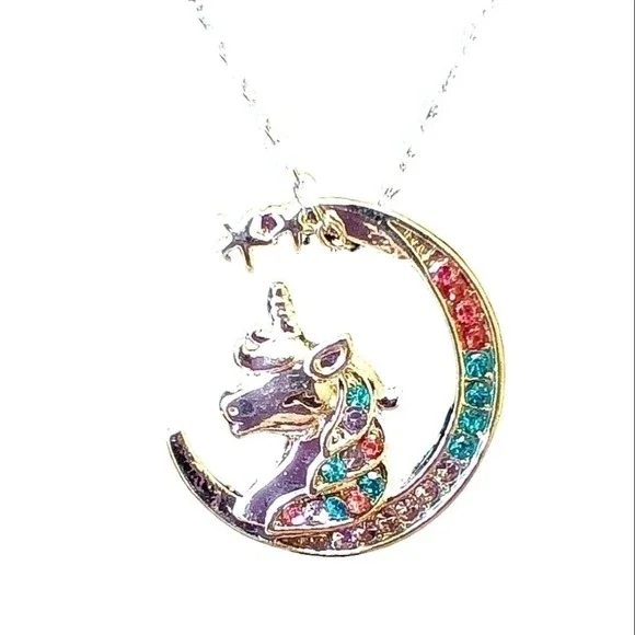 Silver Gold Plated Unicorn Pendant‎ Necklace Moon Stars Rainbow Rhinestones