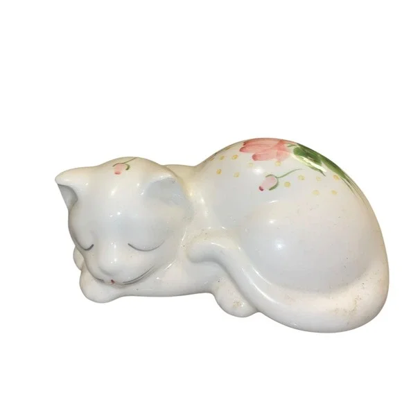 Vintage Lasting Products USA Ceramic Sleeping Cat Figurine w/ Hand Painted Roses