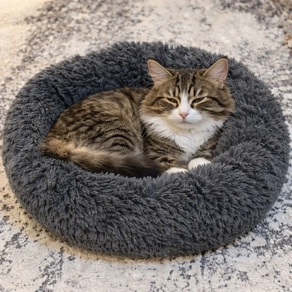 Fluffy Donut Shaped Pet Dog Cat Bed Plush Soft Warm Calming Sleeping Bed 20 inch