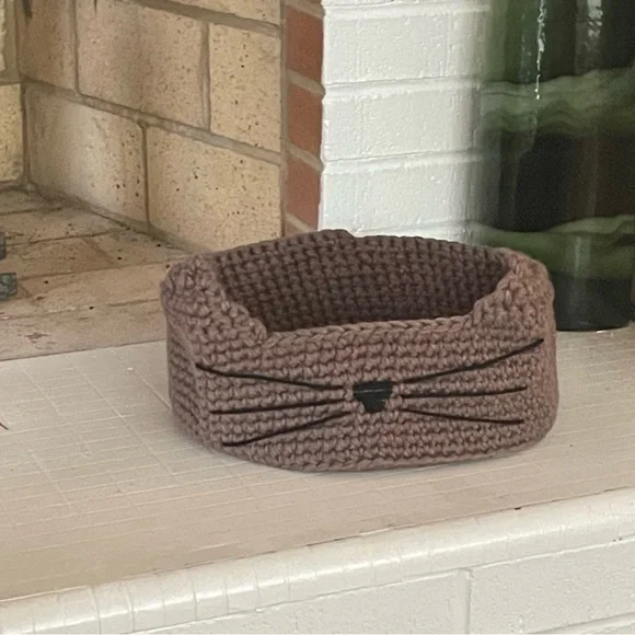 Handmade Small Cat Bed Taupe / Black Nose 10.75” x 4” Crocheted Pet Furbaby Gift