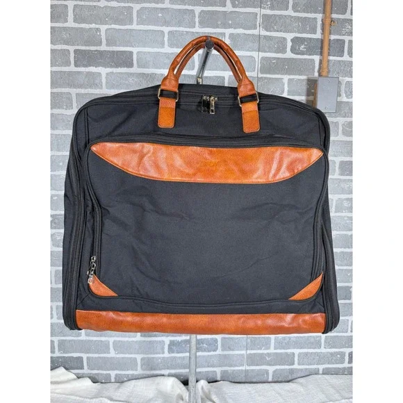 Black Nylon Garment‎ Bag Tan Trim Folding Suit Carrier Travel Bag